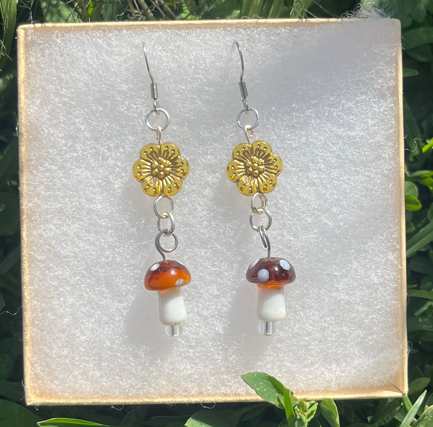 Brown Mushroom and Flower Earrings