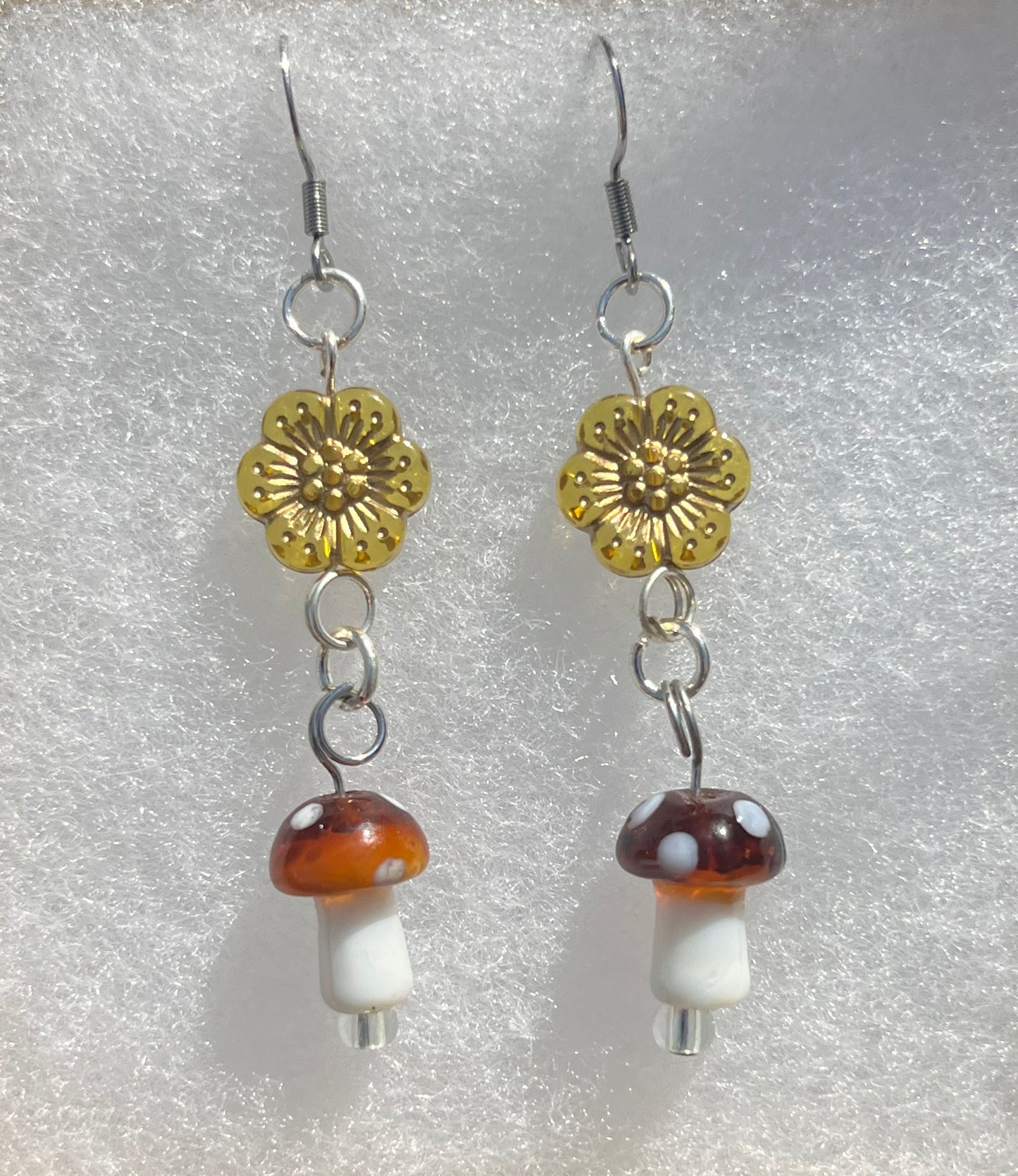 Brown Mushroom and Flower Earrings